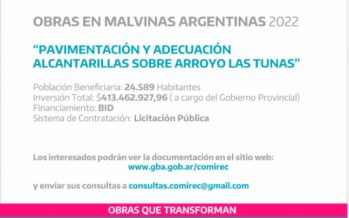 Llamado a consulta pública por obra de vialidad y drenaje en Malvinas Argentinas